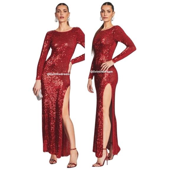 RETROFETE ALEXA SEQUIN HIGH SLIT BODY-CON SEXY RED CROCHET DRESS M/L $775 - Picture 3 of 13